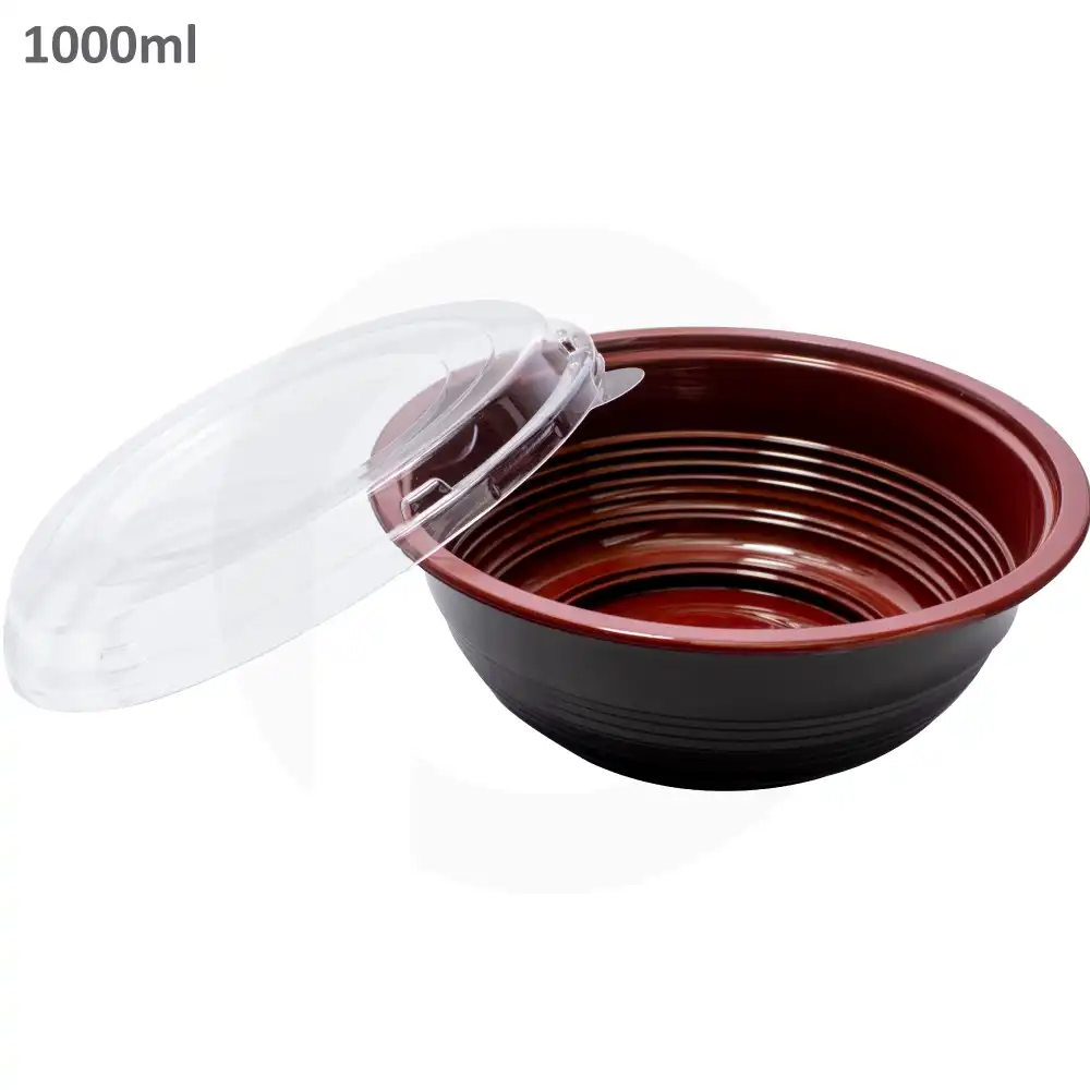 1000ml PP Plastic Round Black Bowl Clear Lid 200/ctn 