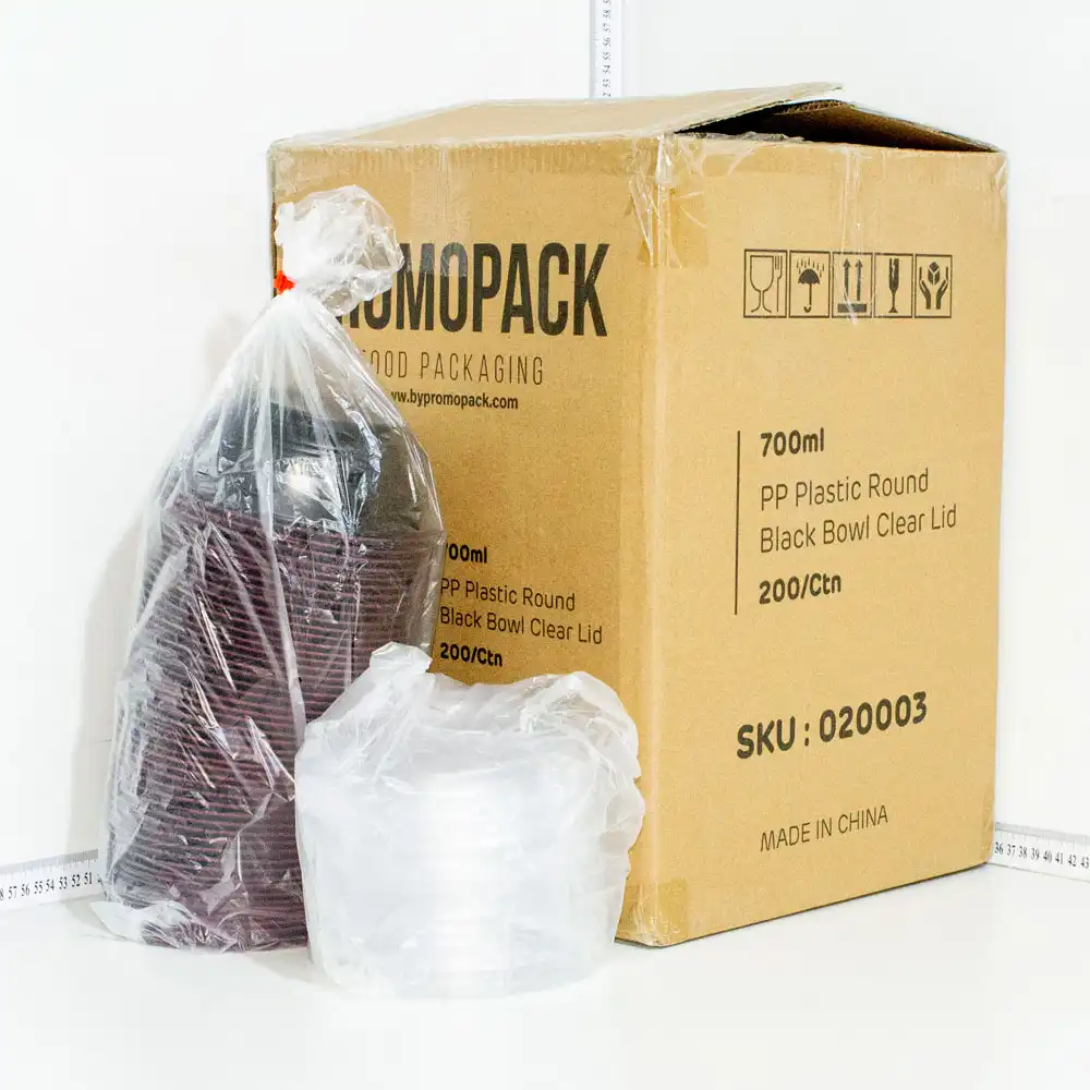 700ml PP Plastic Round Black Bowl Clear Lid 200/ctn