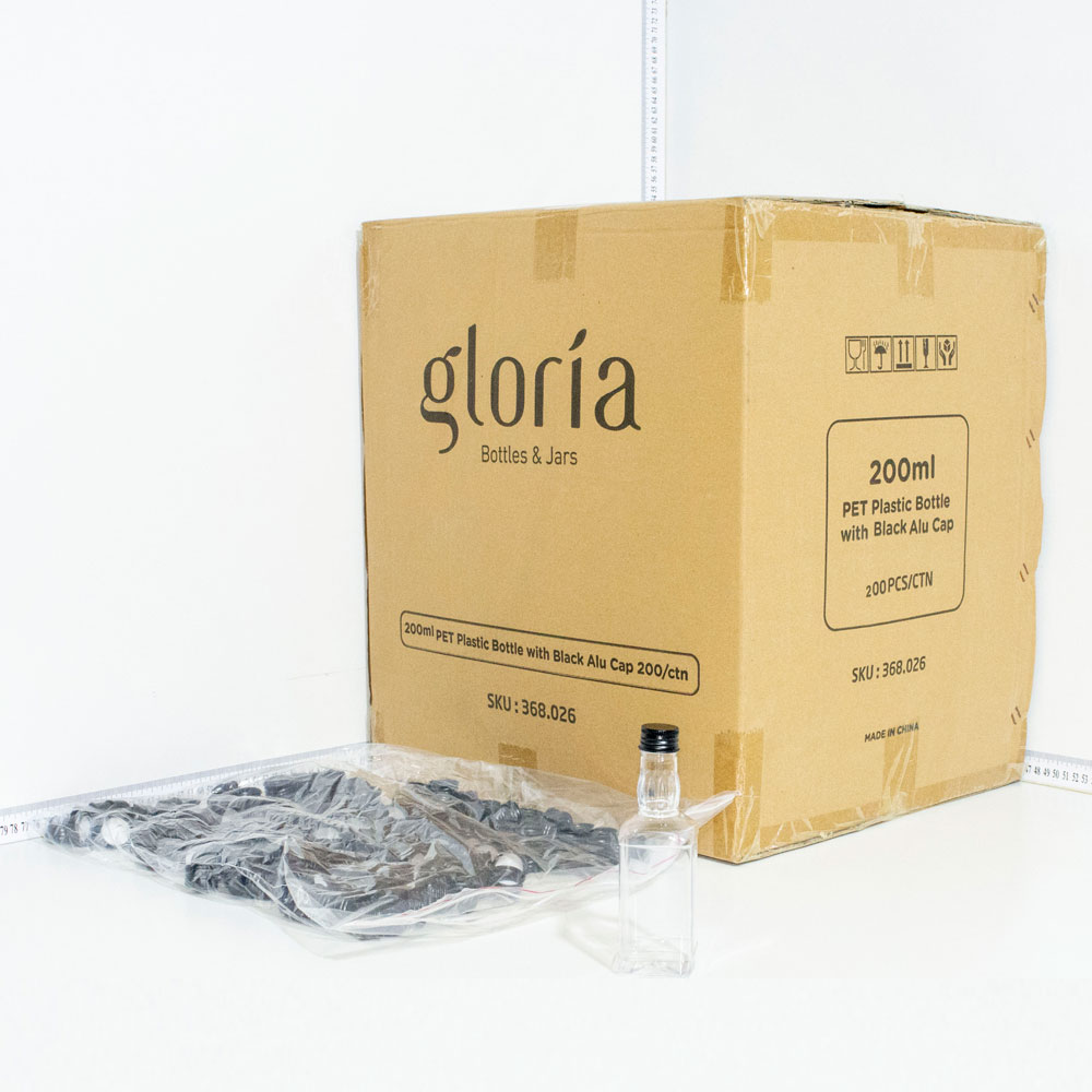 200ml PET Plastic Bottle with Black Alu Cap 200/ctn