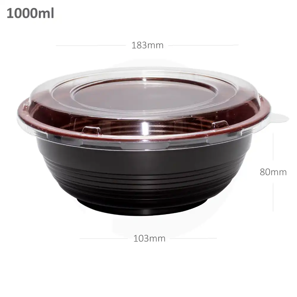 1000ml PP Plastic Round Black Bowl Clear Lid 200/ctn 