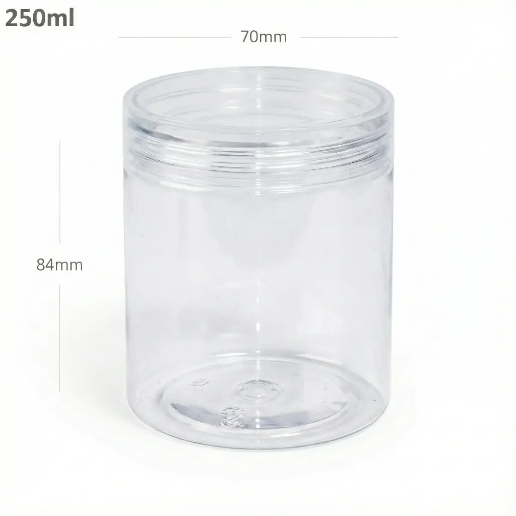 [107004] 250ml/70mm PET Plastic Jar Clear PP Cap 100/ctn