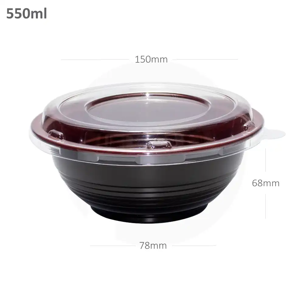 [020001] 550ml PP Plastic Round Black Bowl with Clear Lid 250/ctn
